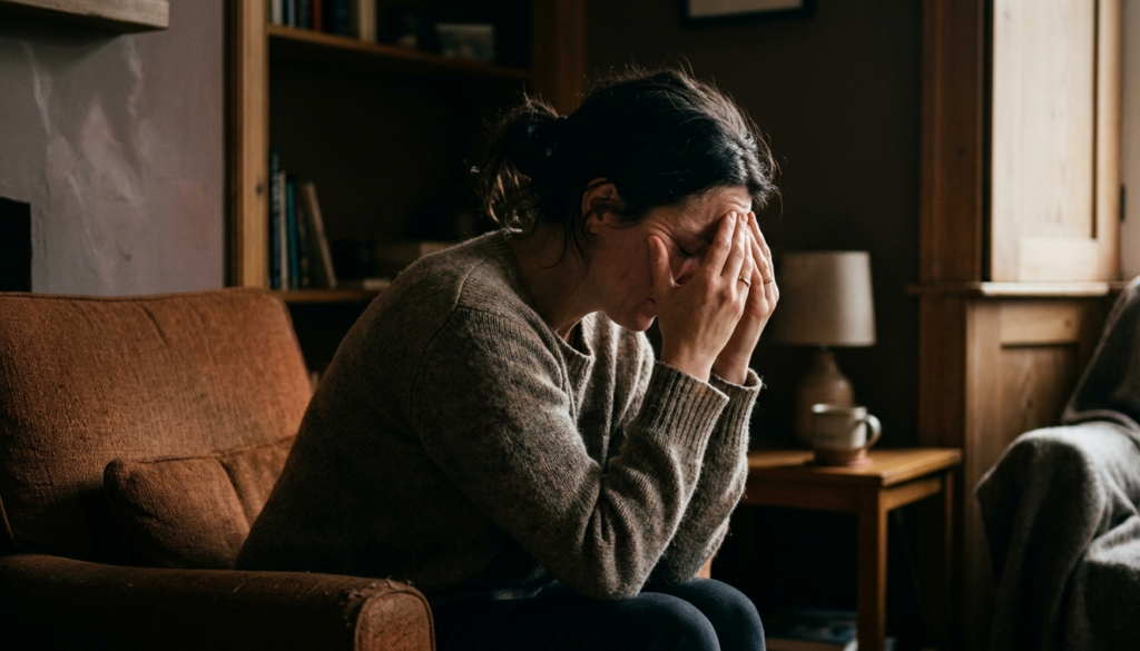 A person sitting in a dim room holding their temples in pain, with soft natural light coming through a window