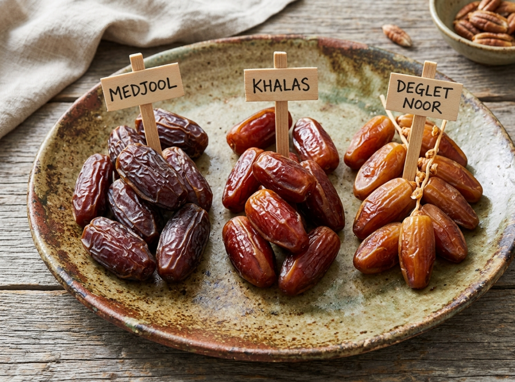 "Three varieties of dates — Medjool, Khalas, and Deglet Noor — arranged side by side on a rustic plate, each labeled to show their differences in size and color."