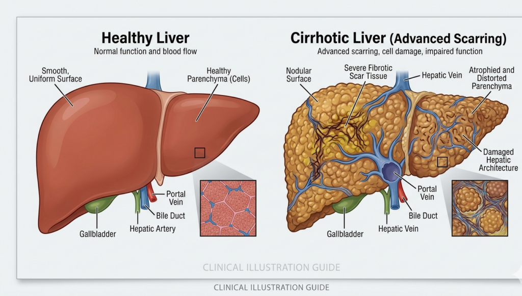 Medical diagram comparing a healthy liver and a cirrhotic scarred liver side by side
