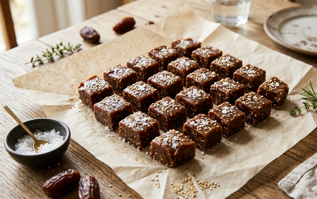 Bite-sized tahini-date caramel squares arranged on parchment paper and sprinkled with flakes of sea salt, styled in an elegant food photography setup."