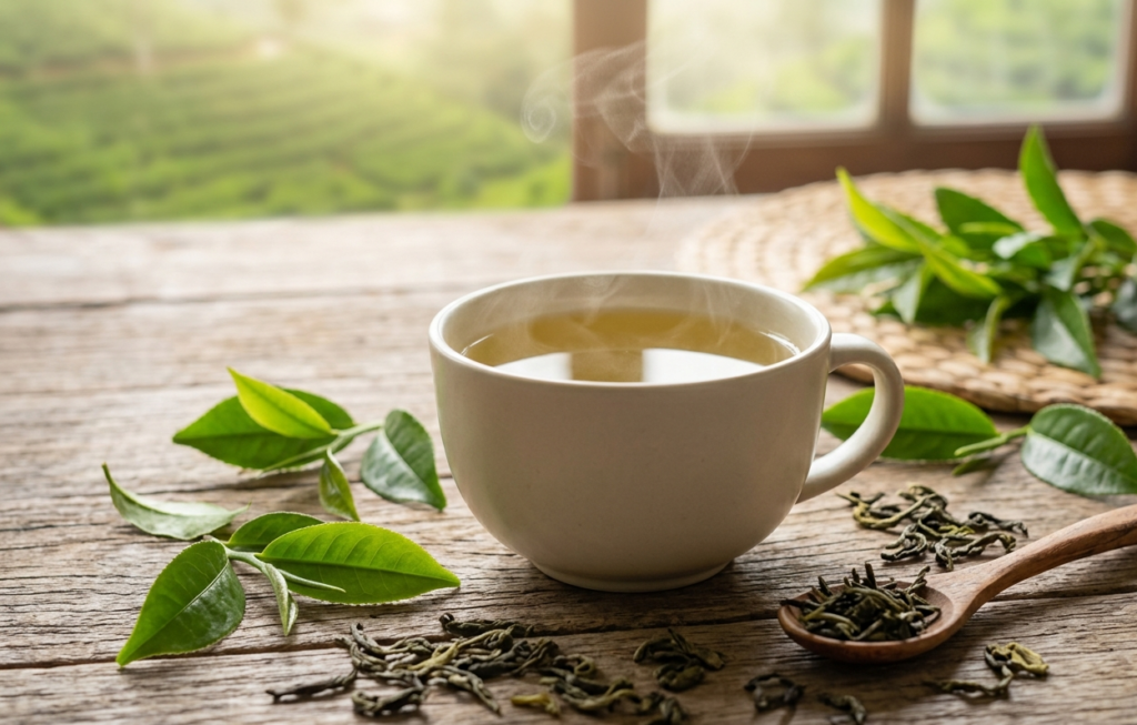 A steaming cup of green tea with scattered green tea leaves on a wooden surface in morning light