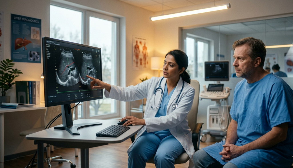 Doctor reviewing liver ultrasound scan results with a patient in a modern hospital setting