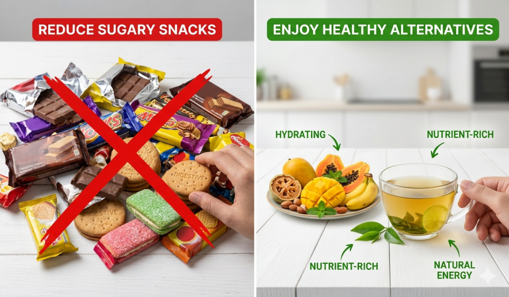 Sugary snacks crossed out beside a cup of green tea and fresh fruits as healthy alternatives