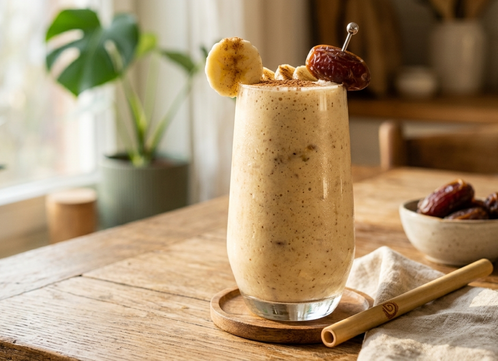 A creamy banana-date smoothie served in a tall glass, garnished with a sprinkle of cinnamon and a whole date on the rim, photographed under warm natural lighting."