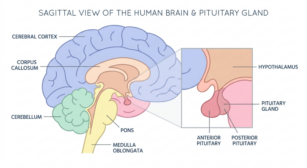 Simple diagram of the human brain showing the hypothalamus and pituitary gland releasing oxytocin hormone