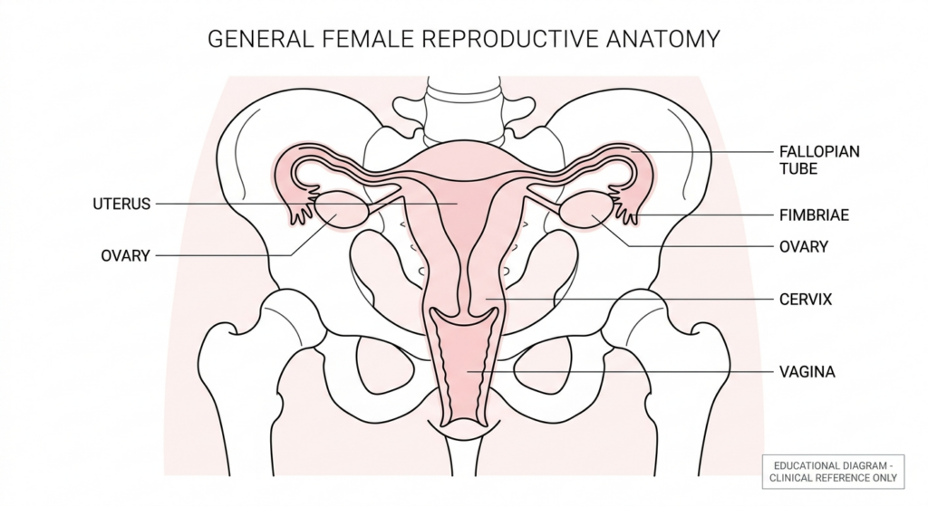 Educational line-art diagram of female anatomy for health and wellness learning