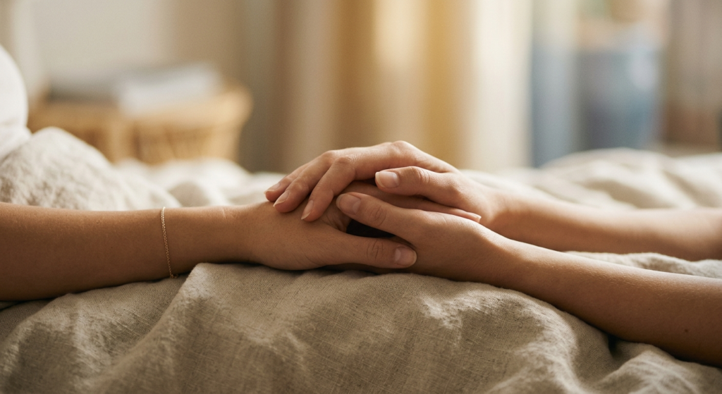 Close-up of two hands gently intertwined, symbolizing intimacy and emotional connection
